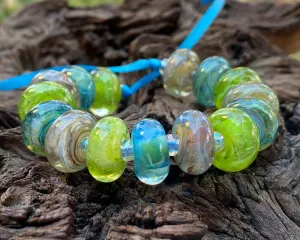 15 Bright Blue Green Swirls Lampwork Beads Set SRA