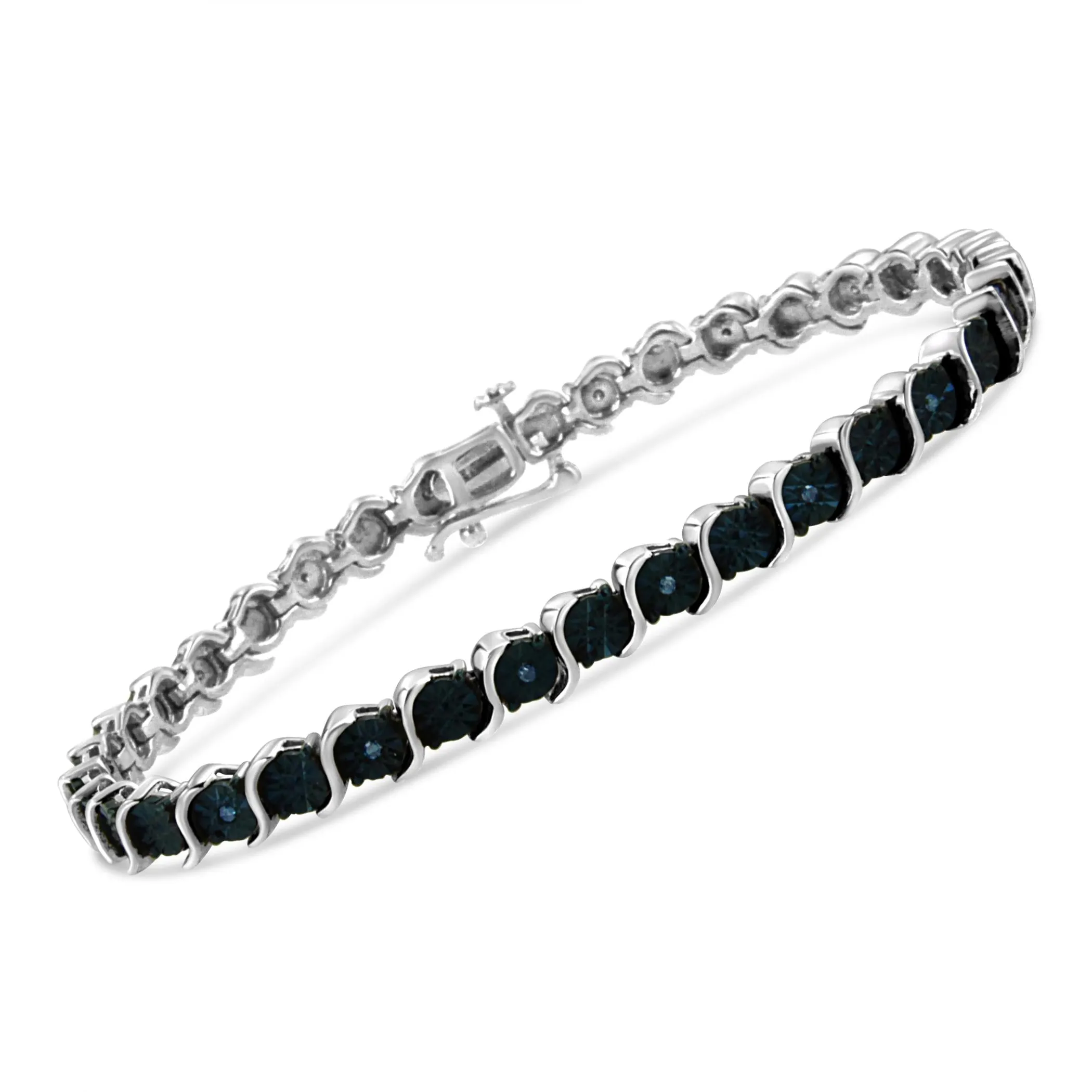 .925 Sterling Silver 1/10 Cttw Miracle-Set Treated Blue Color Diamond Miracle Plate "S" Link Tennis Bracelet (Blue Color, I2- I3 Clarity) - 7.25"