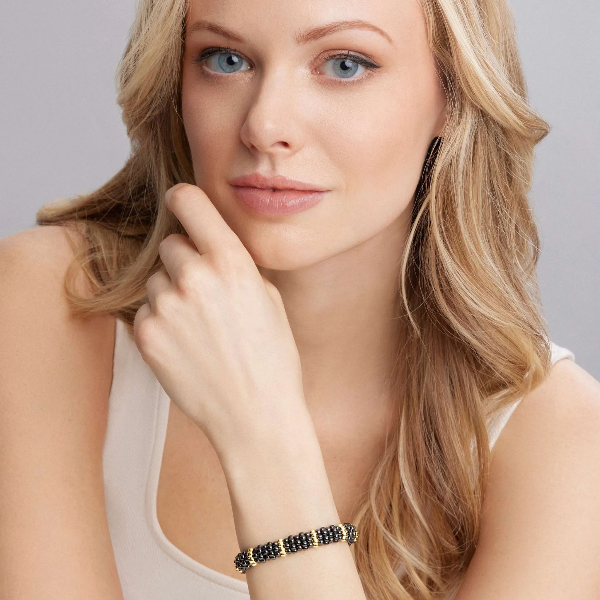 Black Caviar 18K Gold Station Ceramic Beaded Bracelet | 9mm