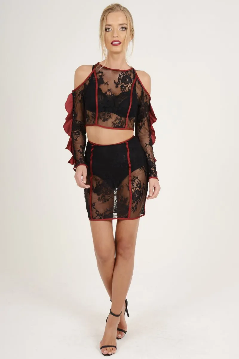 Black Lace Cut Shoulder Ruffle Co-ord - Serena