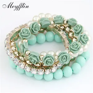 Charm Bracelets For Women Jewelry Rose Flower Multi-layer Wrap Flower Bracelets & Bangles Vintage Pulseras Mujer Pulseiras Femme