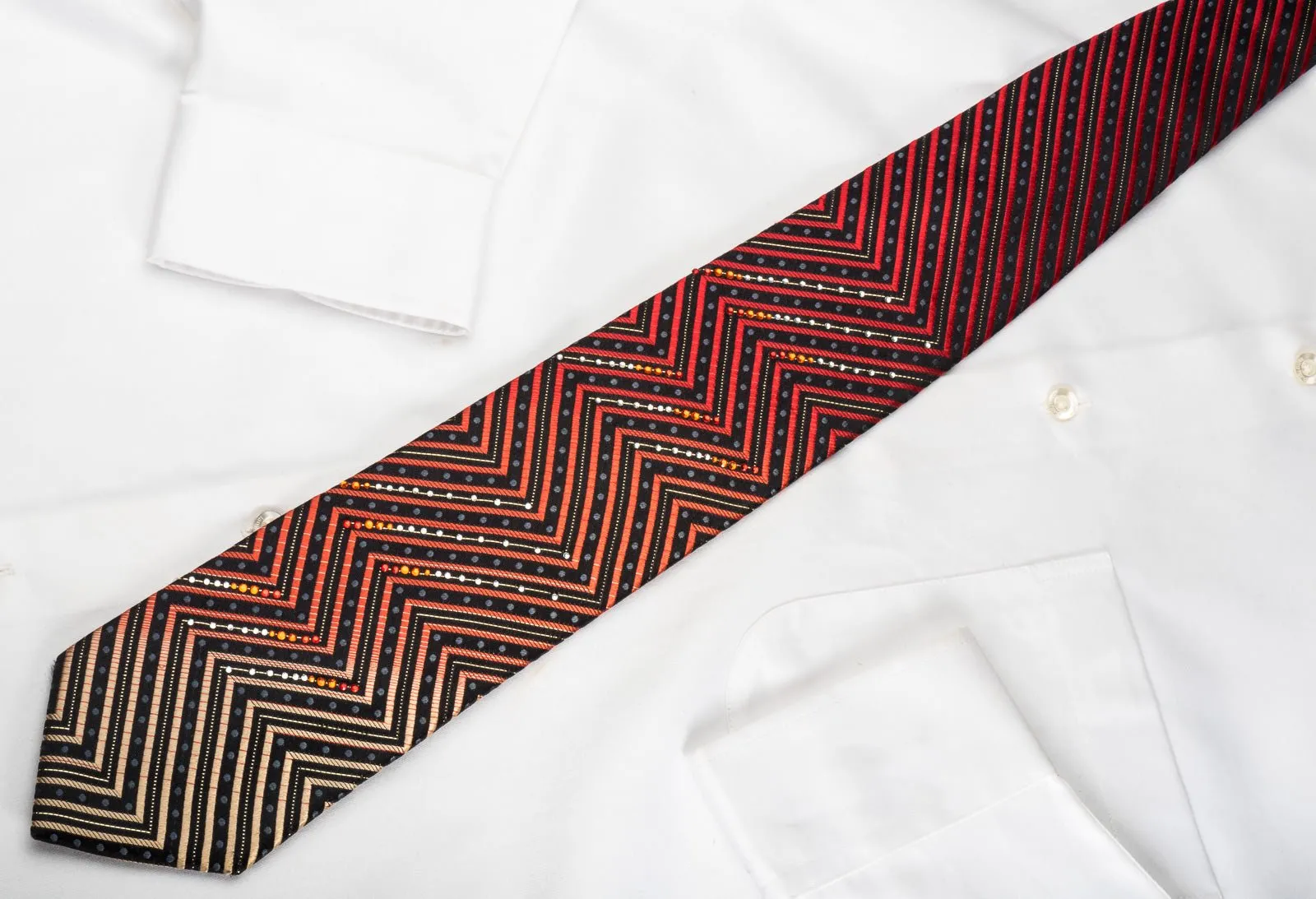 Daniel Hechter Rhinestone Silk Necktie Orange Chevron Stripes On Black With Silver Sparkles