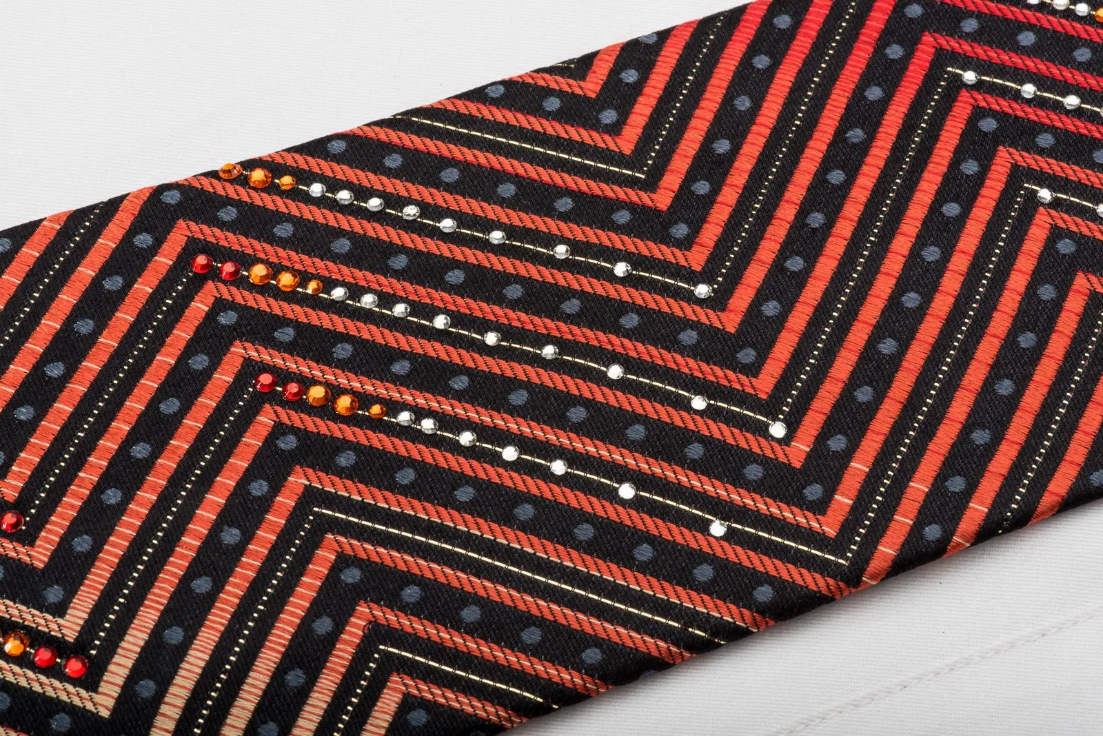 Daniel Hechter Rhinestone Silk Necktie Orange Chevron Stripes On Black With Silver Sparkles