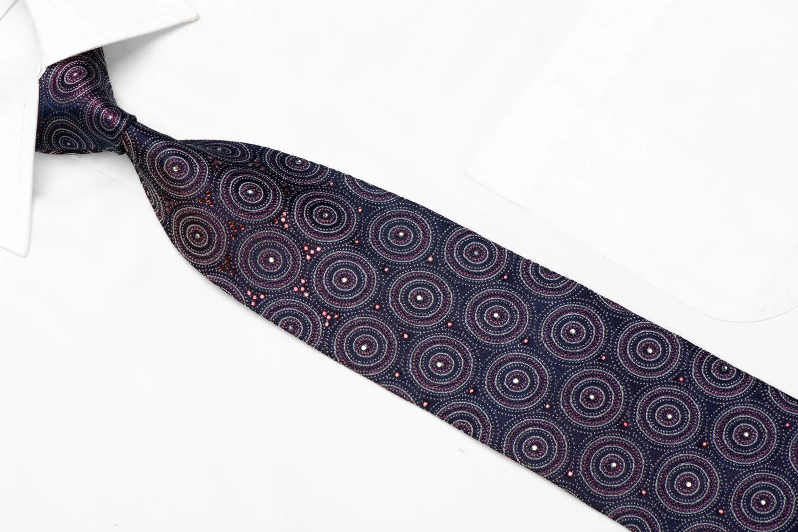 Giorgio Ferri Rhinestone Silk Necktie Geometric Circles On Navy