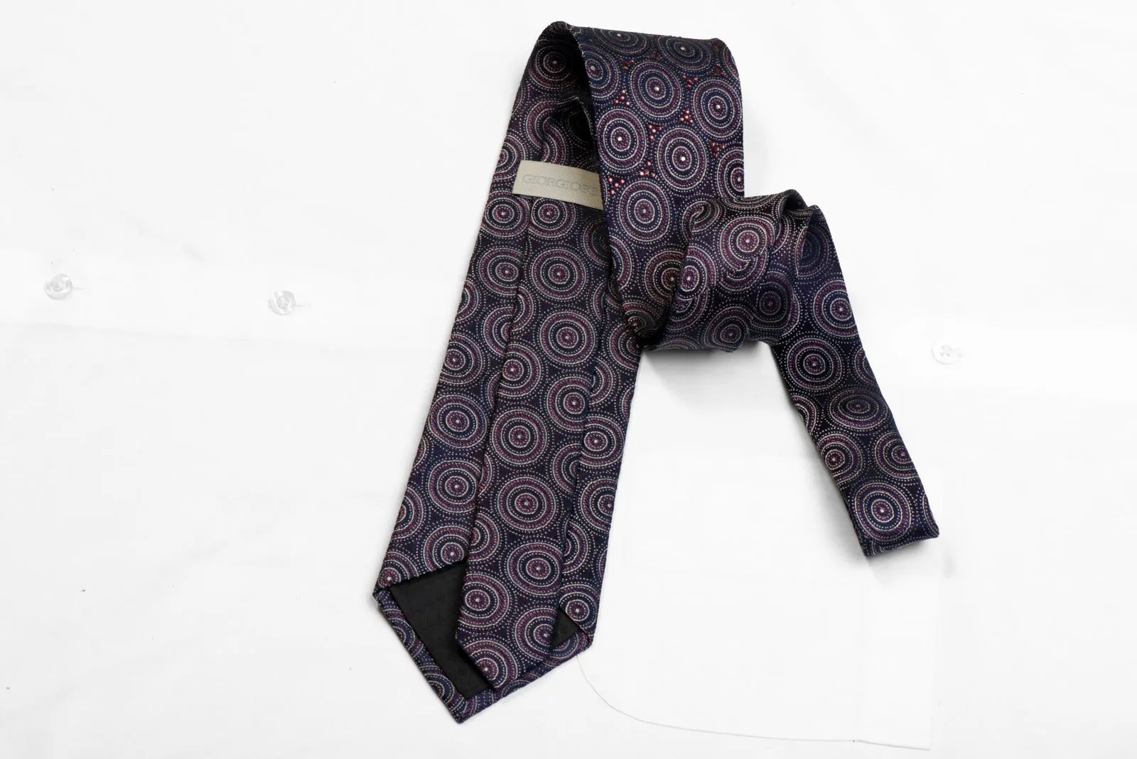 Giorgio Ferri Rhinestone Silk Necktie Geometric Circles On Navy