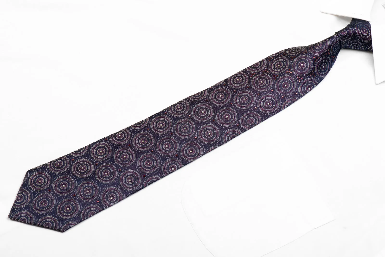 Giorgio Ferri Rhinestone Silk Necktie Geometric Circles On Navy