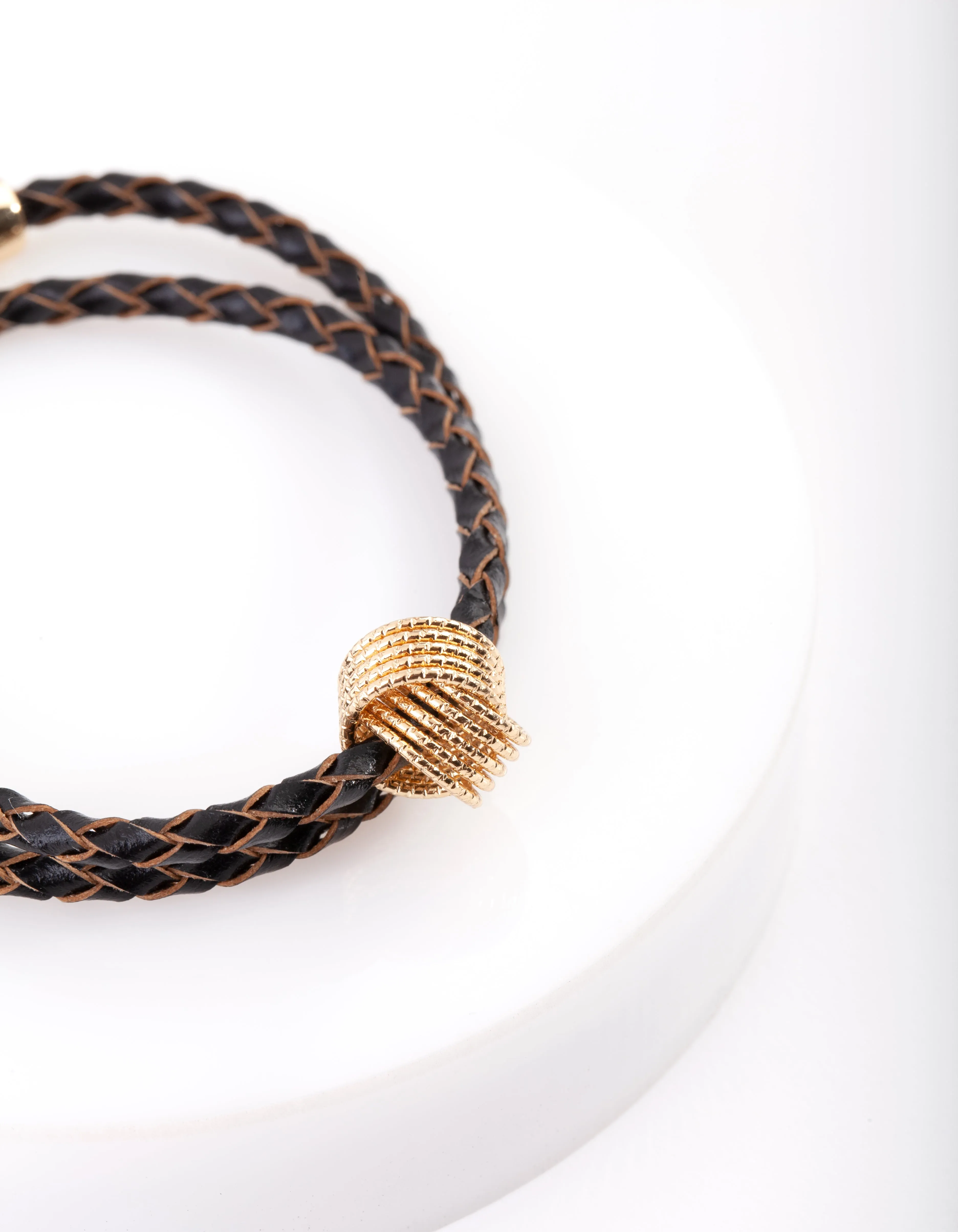 Gold Pleather Plait Knot Charm Bracelet