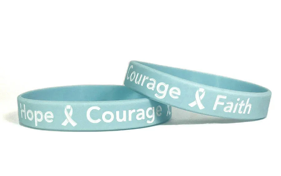 Hope Courage Faith Light Blue Rubber Bracelet Wristband White Letters- Adult 8"