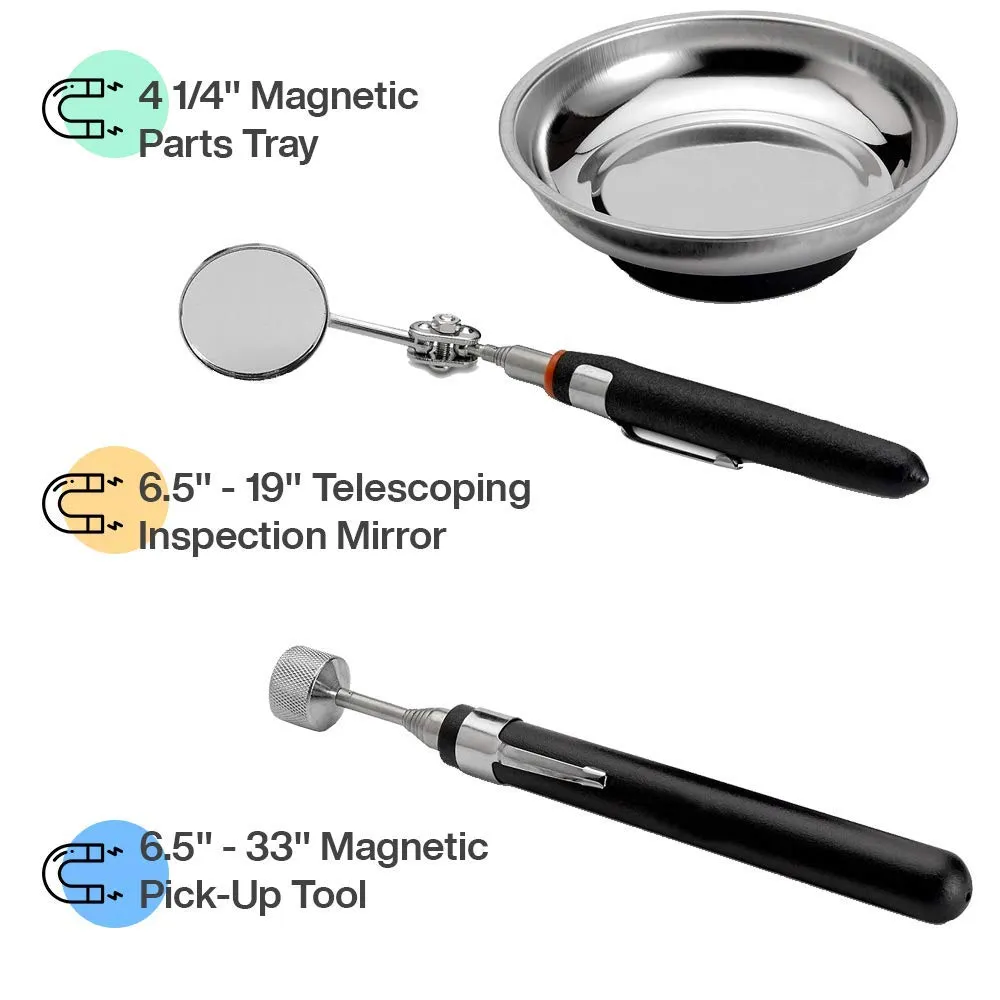 Katzco Magnetic Parts Trays - 3 Pack - Durable Holder with Pick-Up Tool and Telescoping