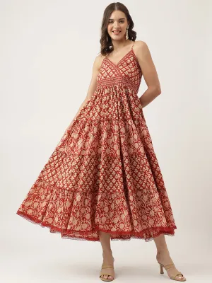 Maroon Floral Printed Cotton Tiered Dress