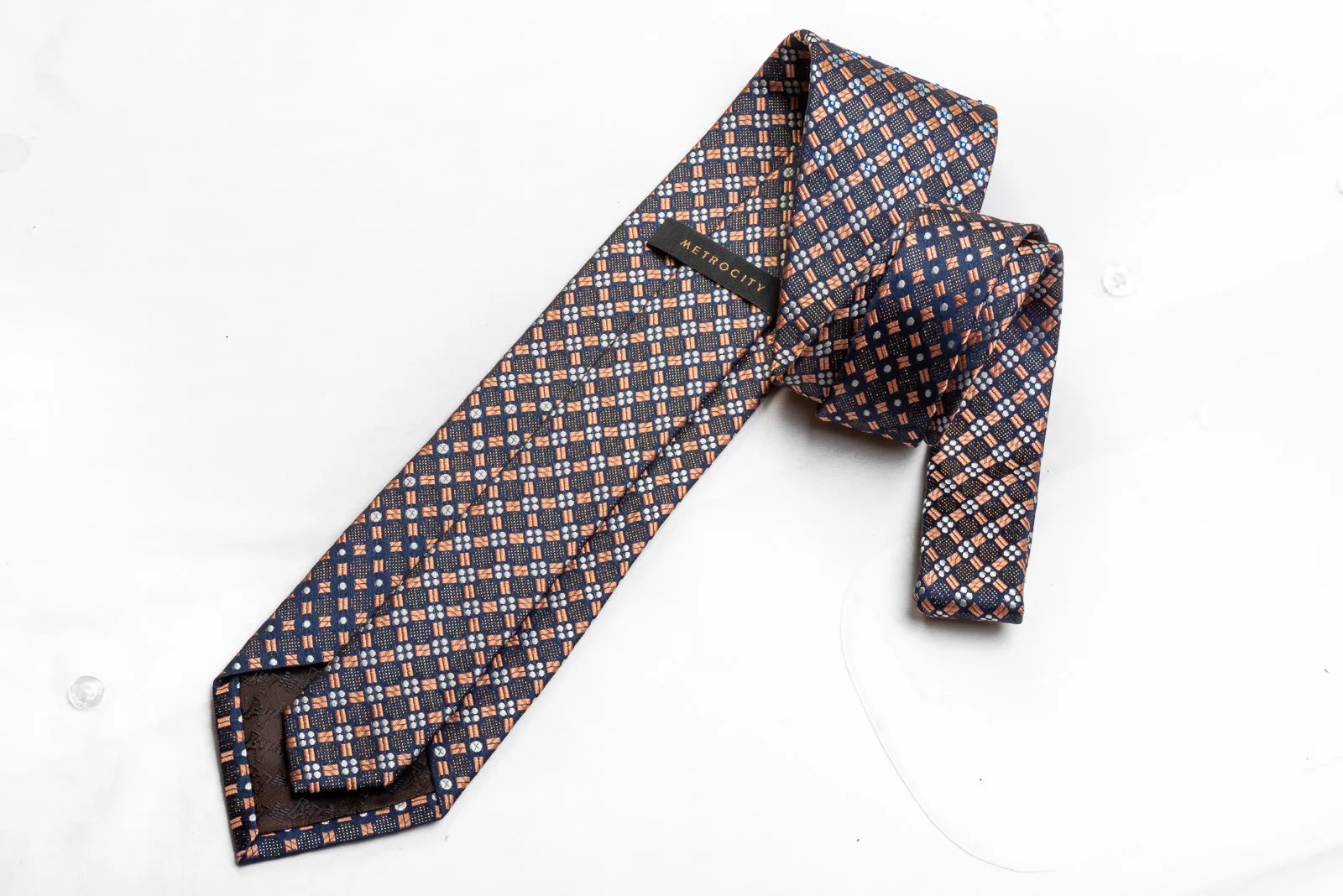 Men's Silk Crystal Rhinestone Tie Orange Geometric On Navy With Gold Sparkles