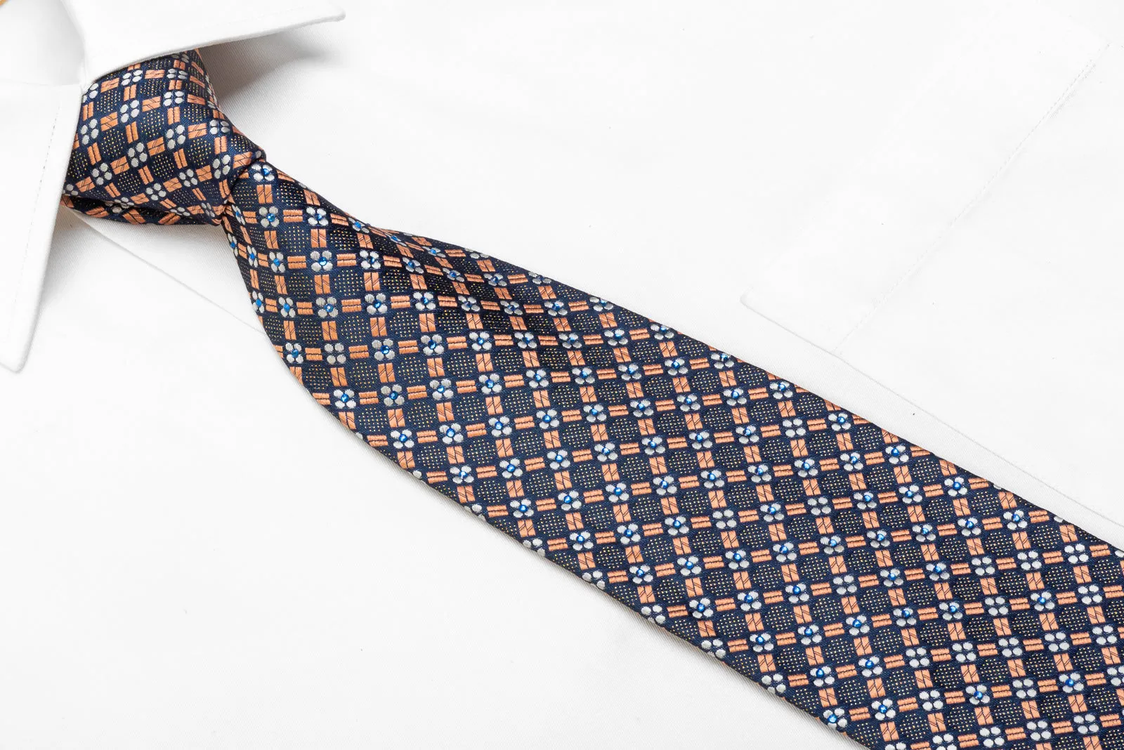 Men's Silk Crystal Rhinestone Tie Orange Geometric On Navy With Gold Sparkles