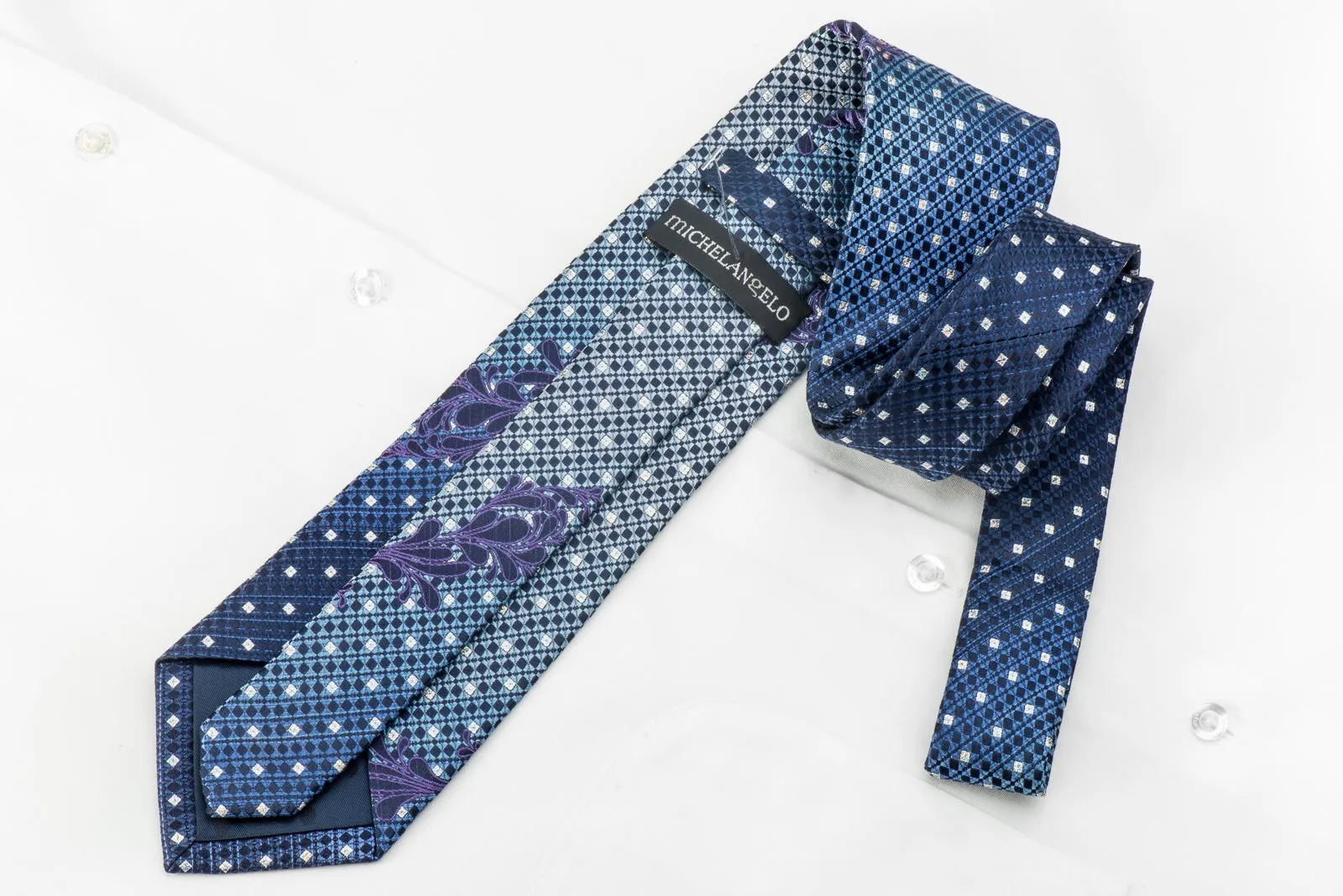 Micheal Angelo Men's Crystal Tie Geometric On Blue Silk With Silver Sparkles