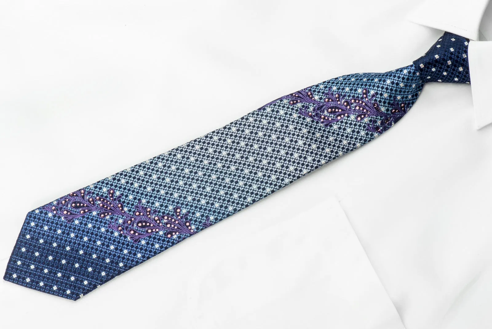 Micheal Angelo Men's Crystal Tie Geometric On Blue Silk With Silver Sparkles