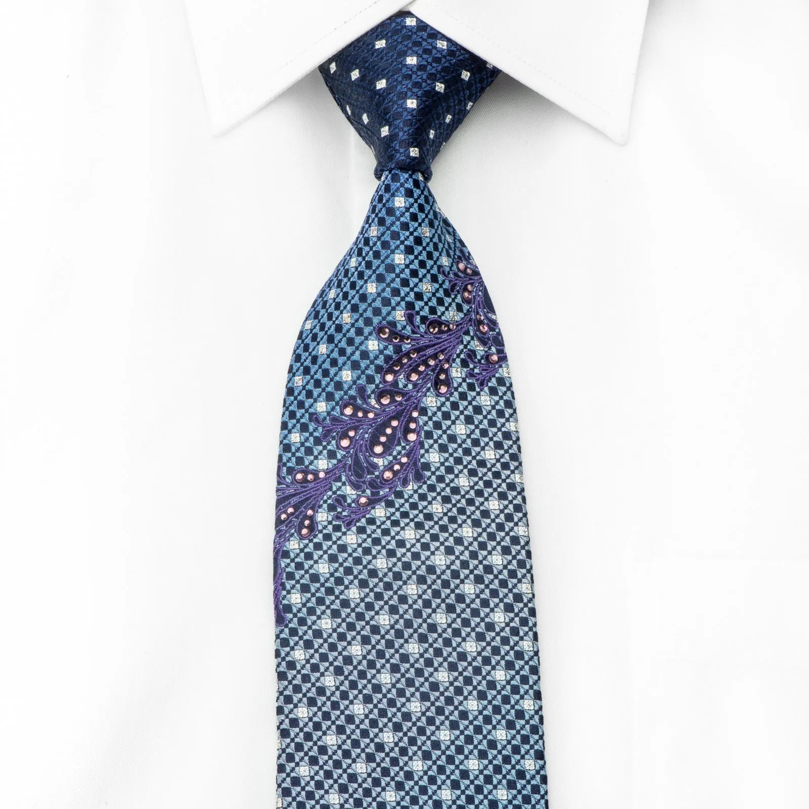 Micheal Angelo Men's Crystal Tie Geometric On Blue Silk With Silver Sparkles