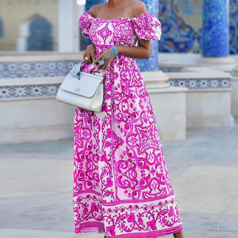 Off-neck Bohemian Printed Dress