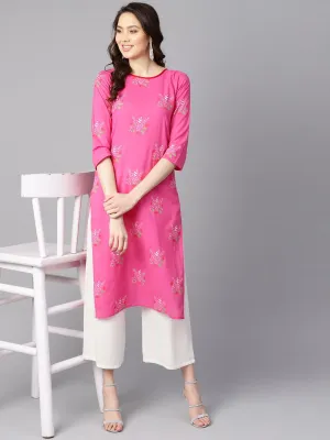 Pink Round Neck Floral Printed Cotton Straight Kurta