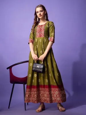 Printed Anarkali Kurta for Women (Size-38) (Color-MEHANDI)