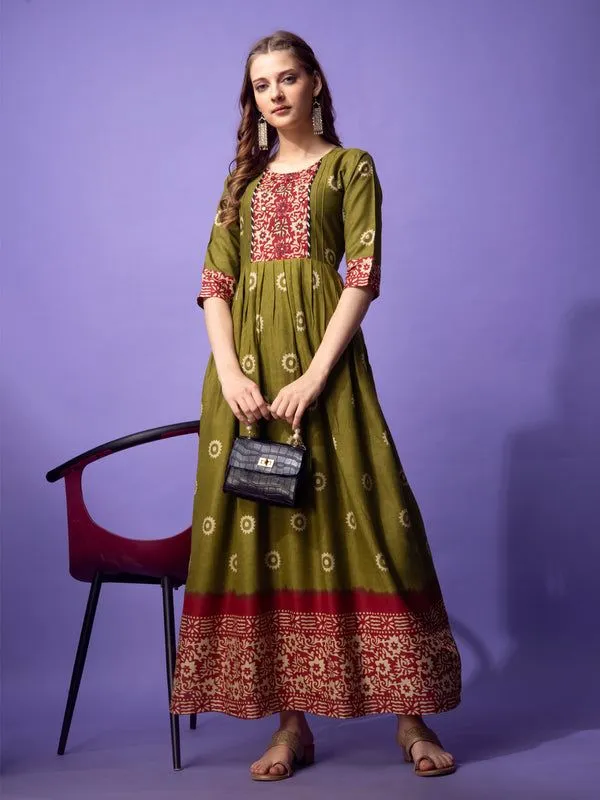 Printed Anarkali Kurta for Women (Size-38) (Color-MEHANDI)