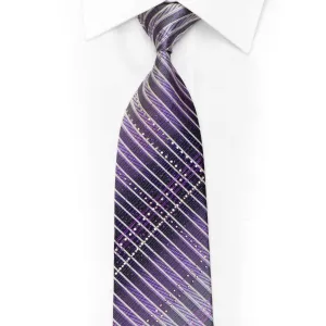 Purple Navy Silver Striped Rhinestone Silk Necktie With Purple Sparkles