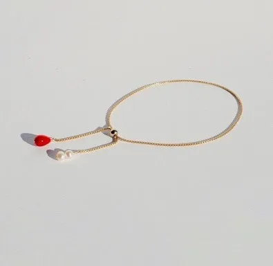 Red Coral Bracelet with Freshwater Pearls and Adjustable Gold-filled Chain