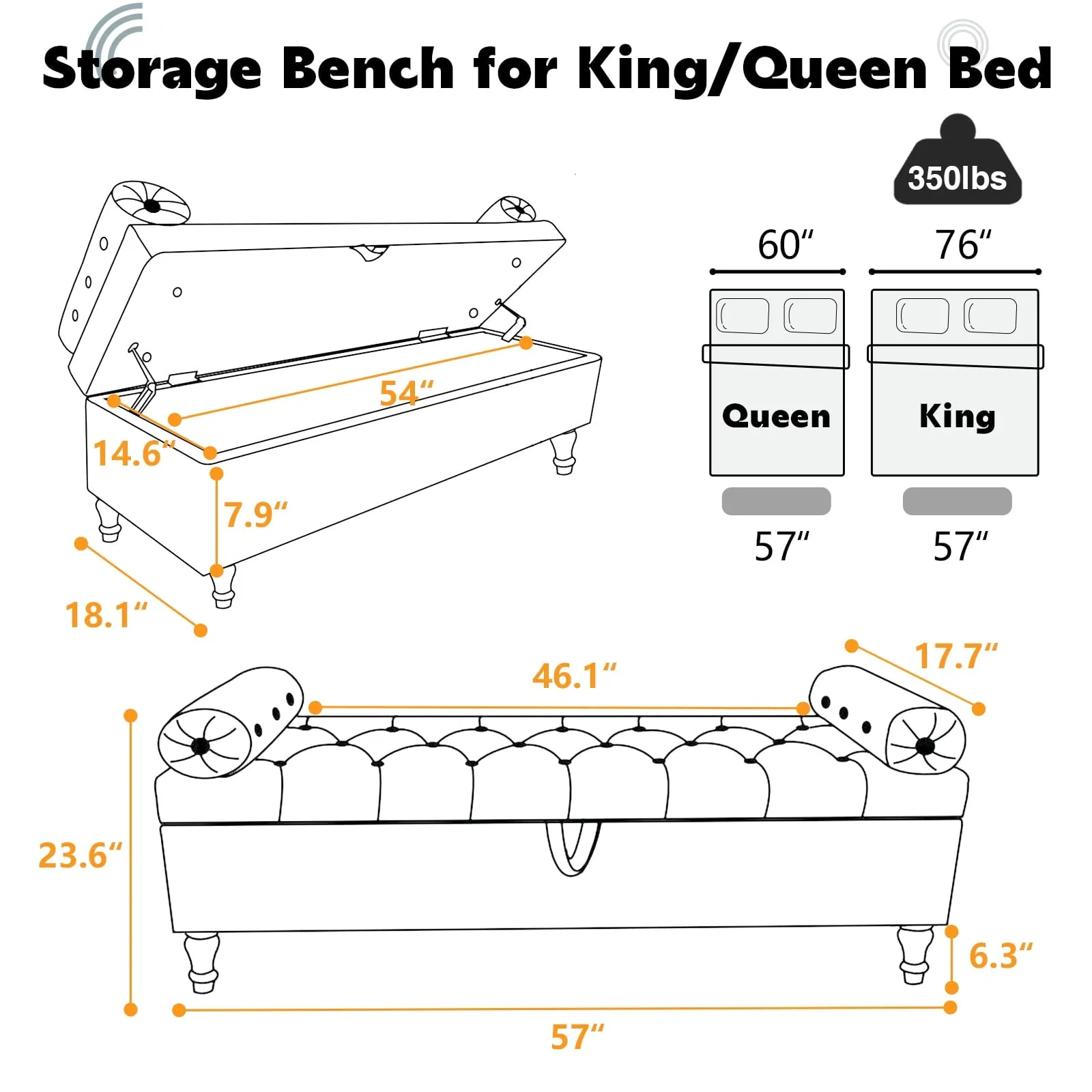 relaxed 57'' Storage Bench for End of Bed Upholstered Velvet Tufted Storage Bench with Round Arms, Beige