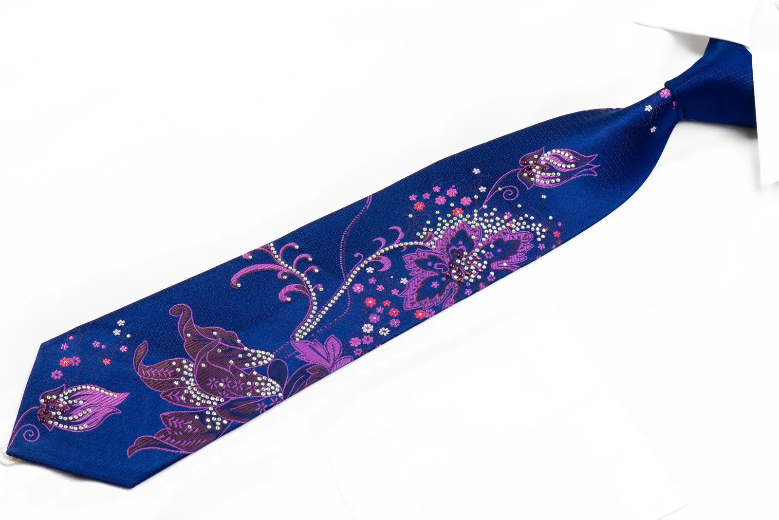 Remizio Rhinestone Silk Necktie Purple Floral On Blue With Sparkles