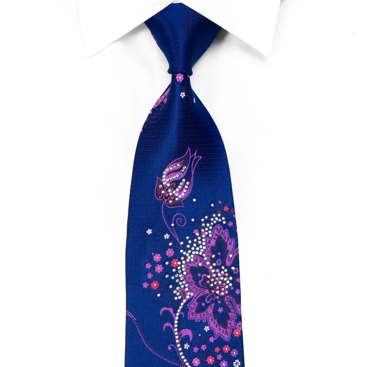 Remizio Rhinestone Silk Necktie Purple Floral On Blue With Sparkles