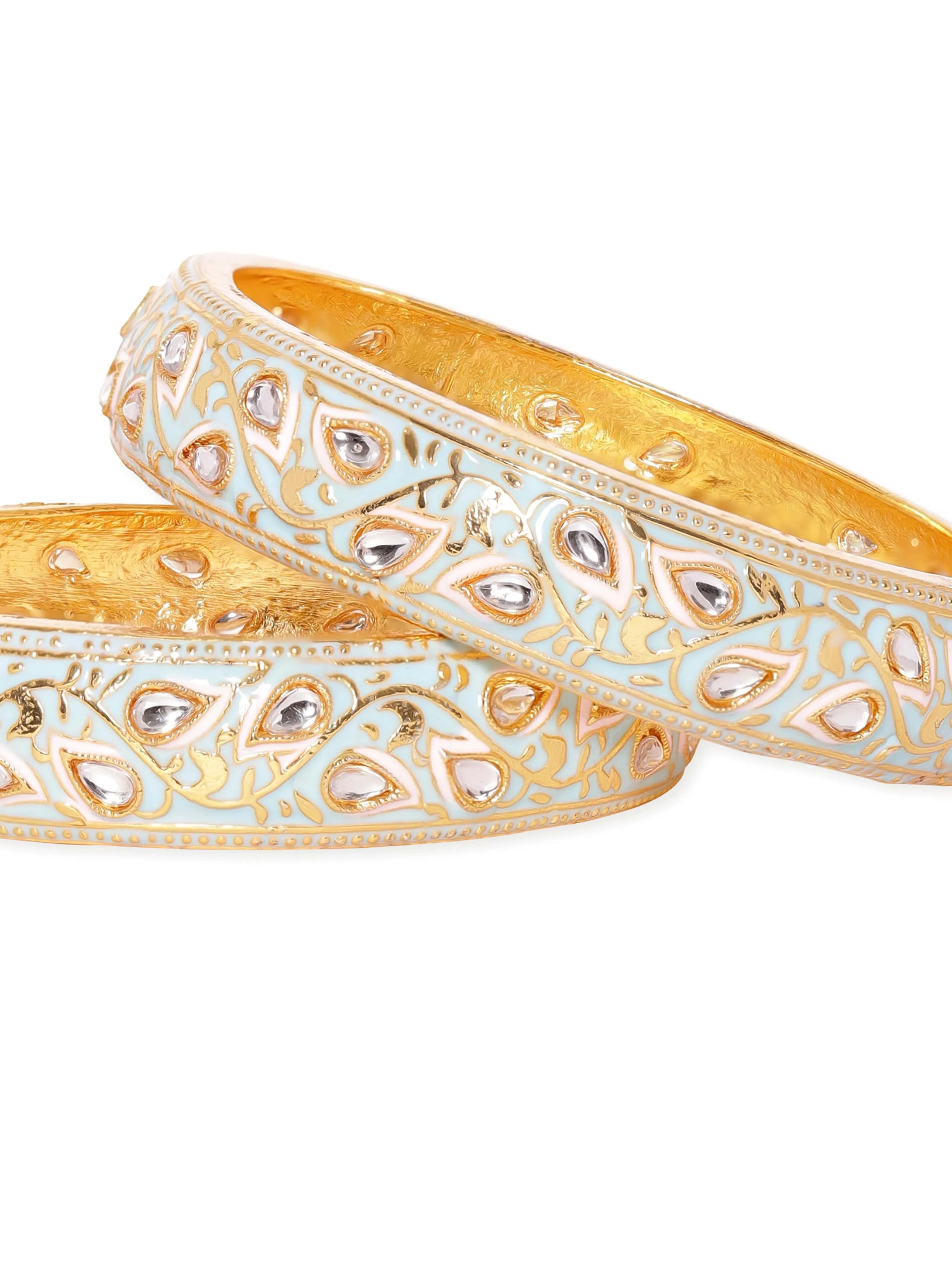 Rubans "Set of 2, 22K Gold plated Pastel enamel & Kundan studded Statement bangles  "