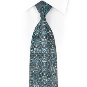 Teal Geometric Trellis On Brown Rhinestone Silk Necktie With Sparkles