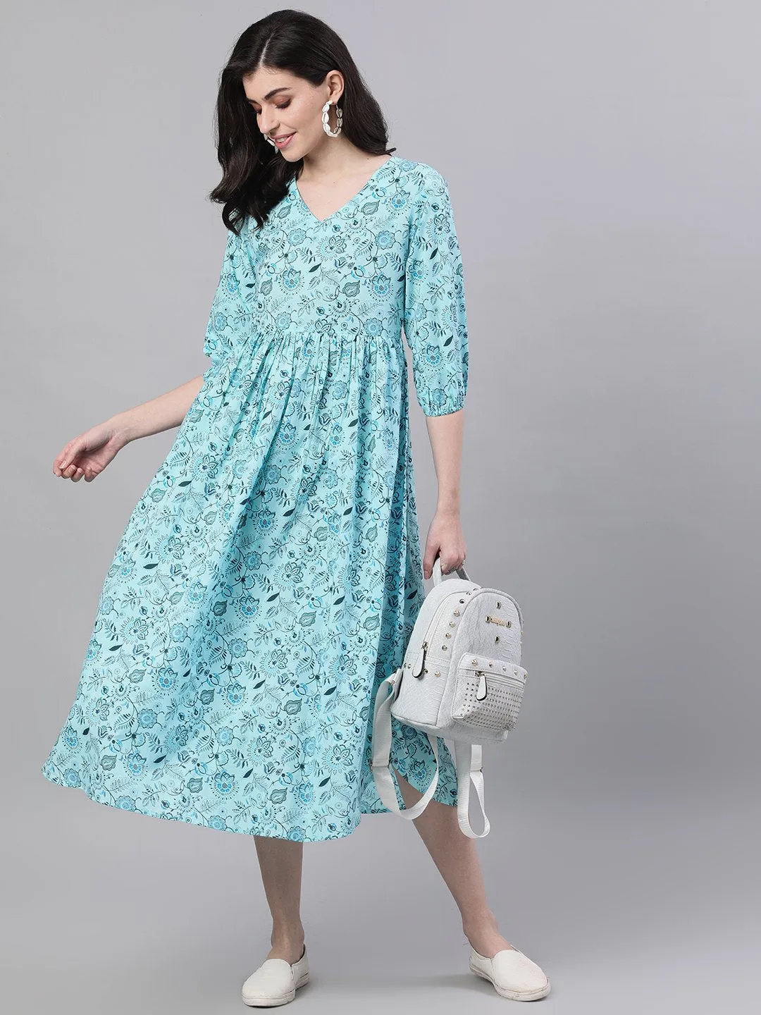 Women Blue Floral Printed V-Neck Cotton Fit And Flare Dress