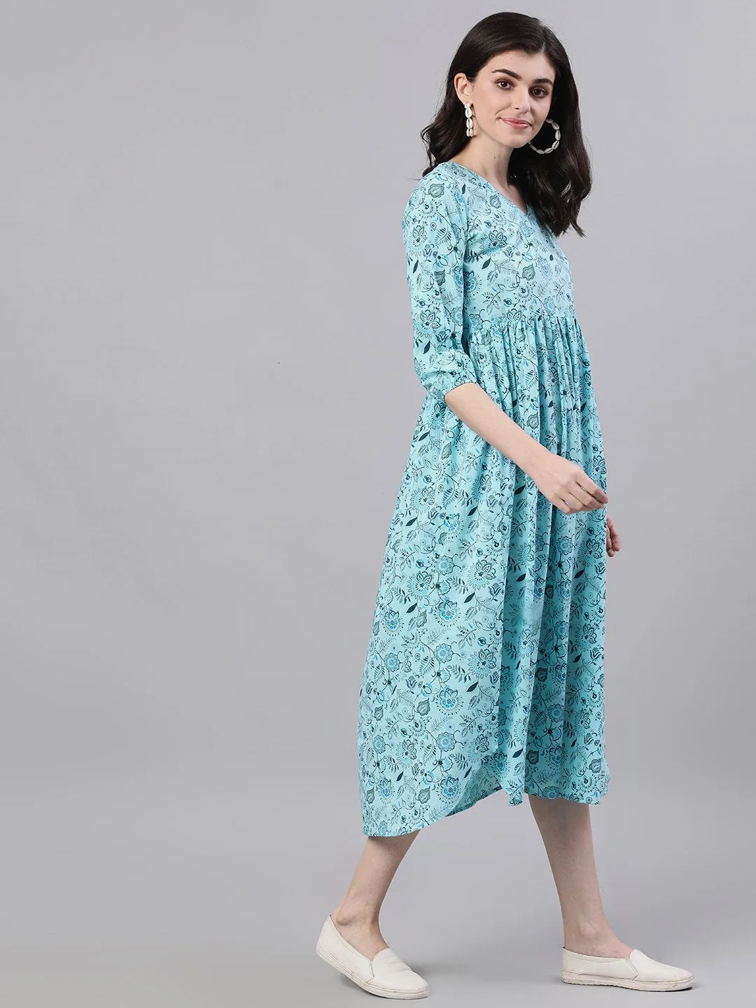 Women Blue Floral Printed V-Neck Cotton Fit And Flare Dress