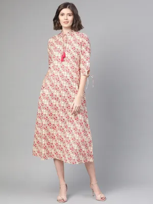 Women Off White & Pink Floral Printed A-Line Dress