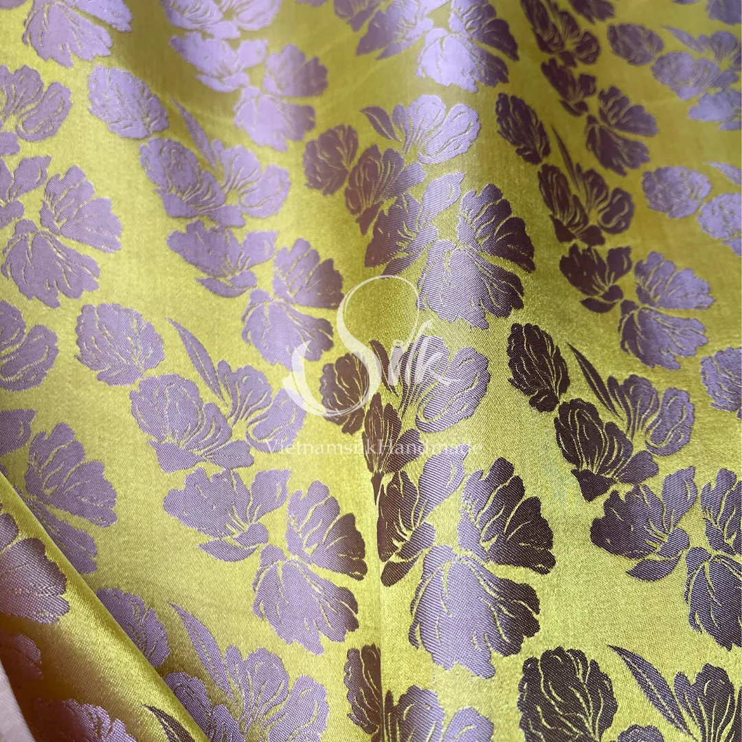 Yellow Silk with Big Bronze Flowers - PURE MULBERRY SILK fabric by the yard -  Floral Silk -Luxury Silk - Natural silk - Handmade in VietNam