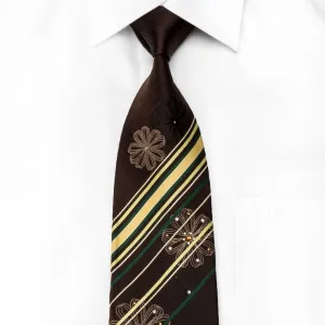 Yezak Men's Crystal Tie Stripes & Geometric On Brown With Rhinestones