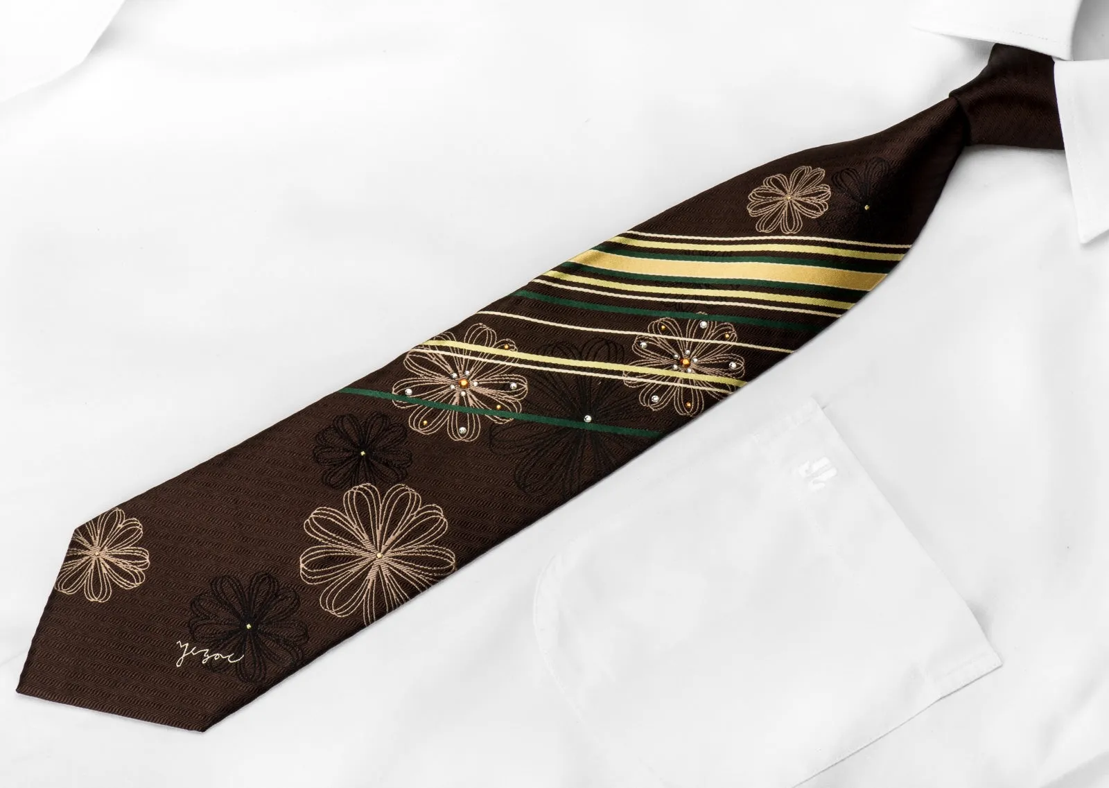 Yezak Men's Crystal Tie Stripes & Geometric On Brown With Rhinestones